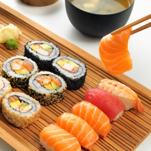 A photograph of a selection of sushi.