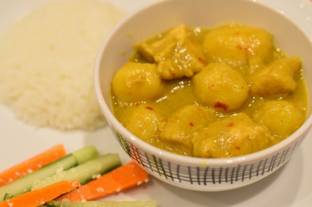 A photograph of the Opor Ayam with Jasmine Rice; the tastiest curry ever cooked in Emma and Rob's kitchen