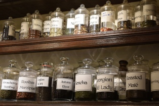 A photograph of two shelves of tea. Just a fraction of the teas available from Samovar Tea House.