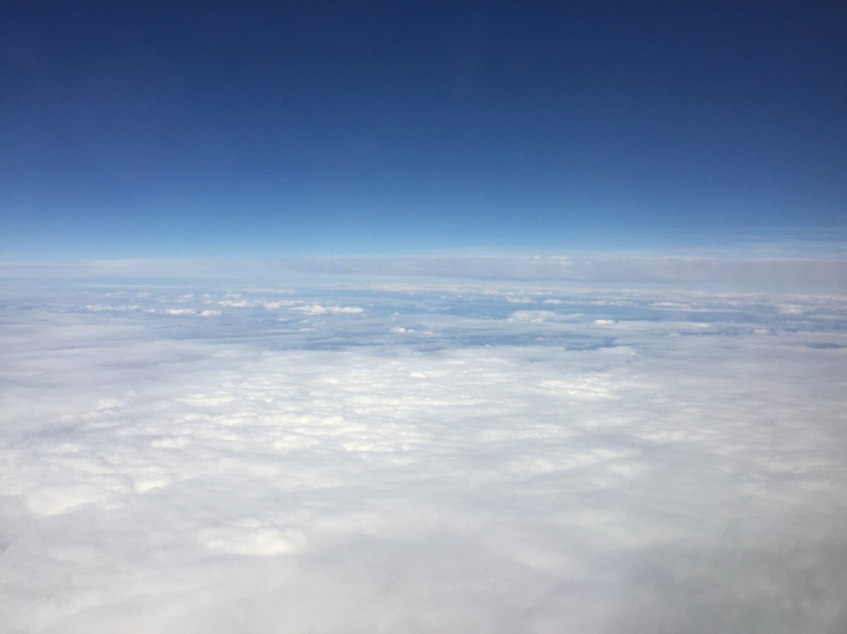 A photograph of the view from an aeroplane with the top third blue sky and bottom two thirds fluffy white clouds to demonstrate texture