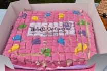 A photograph of the pink BeWILDerwood birthday cake all sliced up.