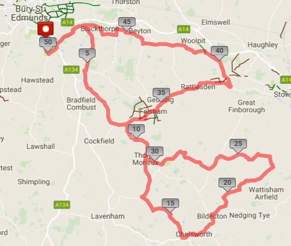 A copy of the map of the 50-mile ride around Suffolk to the south of Bury St Edmunds.