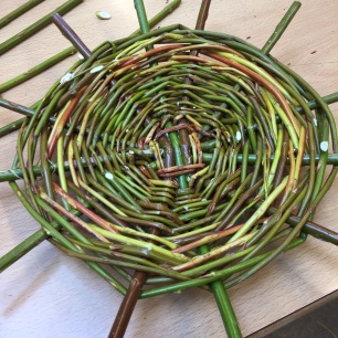 A photograph of the finished base with weaving up to about an inch from the end of the spokes.